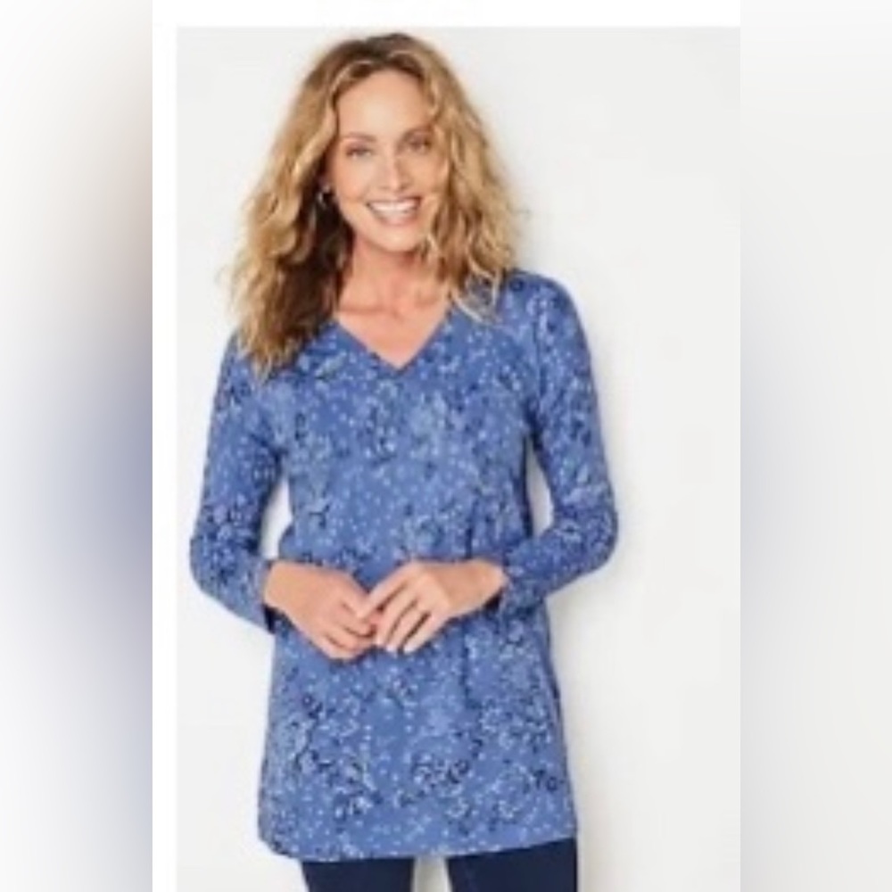 J JILL SIMPLY SUPIMA COTTON KNIT V NECK TUNIC COBALT PAISLEY WHIMSY 2X NWT